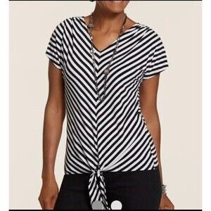 Chico's Womens Size Large Black White Stripe Light Short Sleeve‎ V-Neck Top